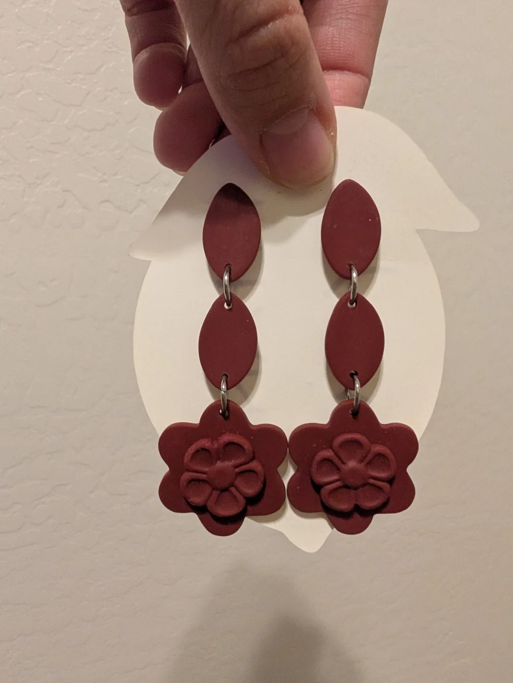 Matte Floral Drop Earrings in Maroon - NWOT